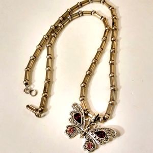 Vintage Silver and Sparkly Stone Butterfly Necklace